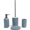 BM Set Accessori Bagno 4 Pezzi in Ceramica con Motivo in Rilievo - Dispenser Sapone, Bicchiere, Porta Sapone, Scopino WC in Acciaio Inox - Design Elegante Blu Grigio