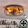 hofstein Ventilatore da soffitto a LED Tourais, ventilatore in metallo/MDF nero/effetto legno, lampada design retrò/vintage con effetto griglia, luce e telecomando, soggiorno, camera letto, sala pranzo
