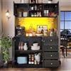 VIVCA Mobile da cucina a buffet, 120 x 40 x 188 cm, stile rustico, 4 ante, con striscia luminosa a LED e porta bevande, colore nero.