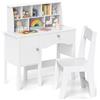 COSTWAY Set Scrivania e Sedia in Legno per Bambini con Cassetto e Ripiano | Tavolo e Sedia per Cameretta con Armadietto, Scrivania per Bambini 3+ Anni per Computer