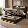 KeepGoon Letto imbottito 160 x 200 cm, con illuminazione a LED + presa USB, letto matrimoniale con cassetta, barra di pressione dell'aria, materiale PU, rete a doghe, nero