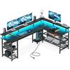 ODK Scrivania Gaming con LED, Scrivania d'Angolo Reversibile con 2 Prese e 2 Porte USB, Grande Scrivania Gaming Angolare con Ripiano in Rete, Nero 168×120cm