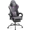 Kidsgigglz Sedia da gaming con cuscino lombare, Sedia da gamer ergonomica pelle PU, sedia da ufficio, schienale regolabile, robusta poltrona da gioco, poggiapiedi allungabile, Grigio violaceo