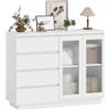 HOMCOM Credenza Cucina con Armadietto a 2 Ante Soft Close in Vetro Temperato Buffet con 4 Cassetti e Ripiani Regolabili Mobile Cucina per Soggiorno Sala da Pranzo 120x40x91 cm Bianco