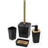 Inbagno Set Bagno Completo in Finitura Nera Opaca con Dettagli in bambù, Include Dispenser Sapone, Portaspazzolini, Portasapone e Portascopino
