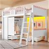 Huayz Lettino a castello 90 x 200 cm con scala e cassetto portaoggetti, letto singolo a soppalco con armadio e scrivania, con luci a LED, letto con protezione anti-caduta e rete a doghe in legno
