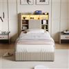 FAAMEPBO Letto matrimoniale 90x200, struttura letto imbottita in tessuto con 2 cassetti, testiera con LED RGB, prese USB/USB-C e rete a doghe (Beige, 90x200)