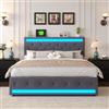 FOERPL - Letto LED per 2 persone con presa di corrente, letto LED da 180 x 200 cm con cassetto e spazio di archiviazione, letto matrimoniale imbottito con 4 cassetti e slats, funzione di ricarica USB
