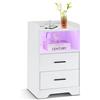 CLIPOP Comodino bianco lucido con illuminazione a LED e presa, tavolino comodino con 2 cassetti e funzione di ricarica per soggiorno, camera da letto