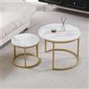 BenyLed Set di 2 Tavolini da Caffè Rotondi con Piano in Finto Marmo, Tavolini Rotondi a Incastro, Grande: 60 x 60 x 45 cm; Piccolo: 40 x 40 x 35 cm (Bianco/Oro)