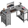 SOLAVERO Scrivania Angolare 140 x 78 cm, Scrivania a L con 3 Cassetti, Tavolo Computer con Borsa Portaoggetti, Ripiani regolabili, per Ufficio, Studio and Soggiorno, Tavolo Gaming Grigio