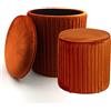 Norbe | TIK-TAK Set 2 Pouf Contenitore Velluto | Poggiapiedi Salotto | Cilindro Impilabile | Sgabello a Coste Camera da Letto | Arancione