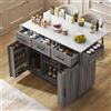 DACHETOU Carrello da pranzo/credenza 90 x 140 cm, isola della cucina impiallacciata in legno massello per il corpo + decorazione impiallacciatura di marmo bianco, piano di lavoro pieghevole, porta di