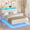 AOGLLATI Letto Matrimoniale 140x190 cm con Effetto Visivo Levitante, Struttura Letto con LED e Stazione di Ricarica, Letto con Testiera Imbottita e Struttura in Metallo, Senza Materasso, Beige