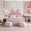Generic Letto Matrimoniale Imbottito Rosa 140x200 cm,Orecchie Di Coniglio Con Strisce Luminose A Colori Caldi A Luminosità Regolabile, Spazio Contenitore Sotto Il Letto, Due Sgabelli Contenitore, Velluto,
