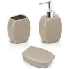Inbagno Set Accessori Bagno Completo - 3 Pezzi in Ceramica, Kit Accessori da appoggio, Include Dispenser Sapone, portaspazzolini e portasaponetta (Tortora)