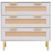 MMT Furniture Designs Ltd MMT, cassettiera con frontali in rattan, 3 cassetti, finitura bianco/naturale, maniglie dorate e gambe in acciaio, 80 cm di lunghezza x 77 cm di altezza, elegante cassettiera per camera da letto