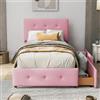 REXO Letto imbottito 90 x 200 cm con rete a doghe, schienale e due cassetti, in velluto delicato sulla pelle, colore beige, letto singolo basso per bambini, letto per ospiti, letto per ragazzi (rosa)