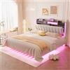 Autheria Letto Matrimoniale 140x200 cm con LED e USB, Letto una piazza e mezza con Spazio SullaTestiera e vano Portaoggetti, Letto Imbottito con rete a doghe, Struttura Letto Matrimoniale in Lino
