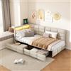 BSMGSGN Divano Letto Singolo 140x200 cm con LED, USB e 2 Cassetti, Letto Imbottito a L in Tessuto di Lino Beige, Letto con Contenitore Moderno e Funzionale per Camera da Letto, Senza Materasso