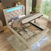 LAKFEW Letto Singolo 90x200 cm con LED-Testiera e Interfaccia-USB, Rete Letto Singolo con Contenitore Idraulico, Letti Singoli Lettini Bambini con Listelli, Senza Materasso, Velluto, Beige