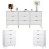 UEV Set di 3 Mobili per Camera da Letto, Cassettiera a 9 Cassetti con Due Cassettiere a 4 Cassetti, Stile con Maniglie e Piedini in Colore Oro, Motivo a Linee, Stile Scandinavo (Bianco)