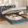 AOGLLATI Letto Matrimoniale con Contenitore 140x190 cm, Struttura Letto Matrimoniale con Illuminazione a LED e Stazione di Ricarica, Letto Imbottito con Testiera e Sollevamento Idraulico, Grigio Scuro