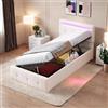 Wyibwy Letto imbottito 90x200 cm,Con illuminazione a LED,Letto contenitore idraulico,letto singolo con Testiera regolabile in altezza,Tessuto di velluto, per adulti e ragazzi,beige