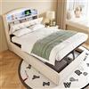 Wyibwy Letto imbottito per bambini 90 x 200 cm,letto singolo multifunzionale con striscia LED e 3 prese USB e 1 presa Type-C,letto contenitore idraulico,tessuto di velluto,doghe in metallo,beige