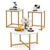 LIFEZEAL Set di 3 Tavolini da Salotto, Oro Bianco, Effetto di Marmo, Tavolini da Caffè, Tavolino Rotondo, 2 Tavolini Quadrati, Tavolini Bassi Laterali, Lato Divano, Legno+Metallo, Moderno, Soggiorno