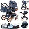 GLOKID Passeggino 3 pezzi, carrozzina, passeggino 3 in 1, passeggino, sistema da viaggio, pieghevole, pneumatici in gomma, con accessori, Gondola, Adaptateurs, 25 kg (XX1 blu)…