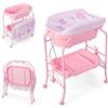 GYMAX Fasciatoio da Bagno per Bagnetto, con Vassoio Portaoggetti, Ruote con Freni, Pieghevole Salvaspazio con Materassino in PVC Ruote, 0-12 Mesi fino a 11kg, 86 x 54 x 104,5 cm (Rosa)
