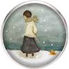 Handmade Spilla con perno in acciaio inossidabile, diametro 25 mm, spillo 0,7 mm, Fatto a Mano, Illustrazione Ragazza nella neve