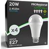 Eurocali 4x Lampadina LED E27 20W Opaca (2452 lumen pari a 150W) - Forma: Goccia - Bianco Freddo 6500K - Fascio Luminoso 310°