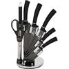 KASANOVA Set 5 coltelli neri con forbici, affilacoltelli e stand
