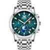 FORSINING Orologio da uomo analogico al quarzo, 20 mm, in acciaio inox, con fasi lunari, cielo stellato, quadrante grande, alla moda, luminoso, Verde, Bracciale
