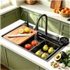 OMGMTSTORE 65 x 50 cm, lavello da cucina, a cascata, in acciaio inox, nero, grigio, 1 vasca, grande piano di lavoro, con rubinetto estraibile, 2 scolapiatti, tagliere, dispenser di sapone, lavastoviglie per