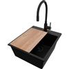 PRIMAGRAN Lavandino da Cucina Tutto Nero 43x50cm, Lavello in Granito a 1 vasca + Rubinetto 40x38cm + Set di accessori, Lavabo da Cucina Incasso al Mobile 45cm - Riga S186