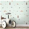 Newroom carta da parati verde animali bosco cameretta bambini | orsi, volpi, scoiattoli e gufi tra alberi, tonalità menta, foresta fiabesca, nursery, sala giochi