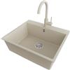 PRIMAGRAN Lavandino da Cucina Beige 58x50cm, Lavello in Granito a 1 vasca + Rubinetto 32x20cm + Set di accessori, Lavabo da Cucina Incasso al Mobile 60cm - Riga S321