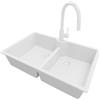 PRIMAGRAN Lavandino da Cucina Tutto Bianco 78x50cm, Lavello in Granito a 2 vasche + Rubinetto 40x20cm + Set di accessori, Lavabo da Cucina Incasso al Mobile 80cm - Madrid Twin S018
