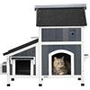 PawHut Casa per gatti esterna in legno con vaso fiori, finestre - Grigio | Ingressi multipli, tetto resistente all'acqua