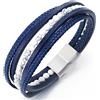 COOLSTEELANDBEYOND Bianco Pietre Perlina Catena Blu Intrecciato Cuoio Fascia Polso Braccialetto, Pelle Bracciali, Chiusura Magnetica