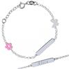Sakrami Bracciale Bambina o Ragazzina in Argento 925 + Piastrina Personalizzabile con Incisione Nome + Ciondoli Fiore e Farfalla Smaltati + Idea Regalo per Nascita, Battesimo, Comunione, Compleanno