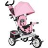 HOMCOM 6 in 1 Triciclo per Bambini 1-5 Anni con Maniglione, Tettuccio Regolabile, Cintura e Cestino, Passeggino Triciclo in Metallo e Poliestere, 102x49x102 cm, Bianco e Rosa