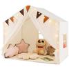 COSTWAY Tenda da Gioco per Bambini, Tenda Castello per 3-4 Bambini con Tende in Tessuto e Rete Luci a Stella e Finestre, Materassino in Cotone, per Bambini 3 Anni+, 146x96x133 cm (Beige)