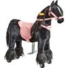 Ponnie - Ebony con sella rosa, cavallo da equitazione per bambini, 3-6 anni, S, cavallo su ruote, in peluche, con una criniera a pettine, supporto regolabile per i piedi
