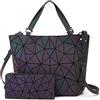 Lieseh - Borsa da donna con motivo geometrico olografico, stile party, Grande nero viola + borsa piccola