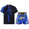 renvena Set 2 Pezzi Uniforme Pugilato Bimbini Maglietta Divertente da Boxe con Scritta Boxing Tshirt + Pantaloncino Kick-Thai Muay Thai Arti Marziali Blu 5-6 anni