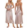 ALCEA ROSEA Camicia da notte da donna in raso di seta sexy in pizzo sottoveste lingerie lunga pigiama sottoveste per le signore, Nero, M